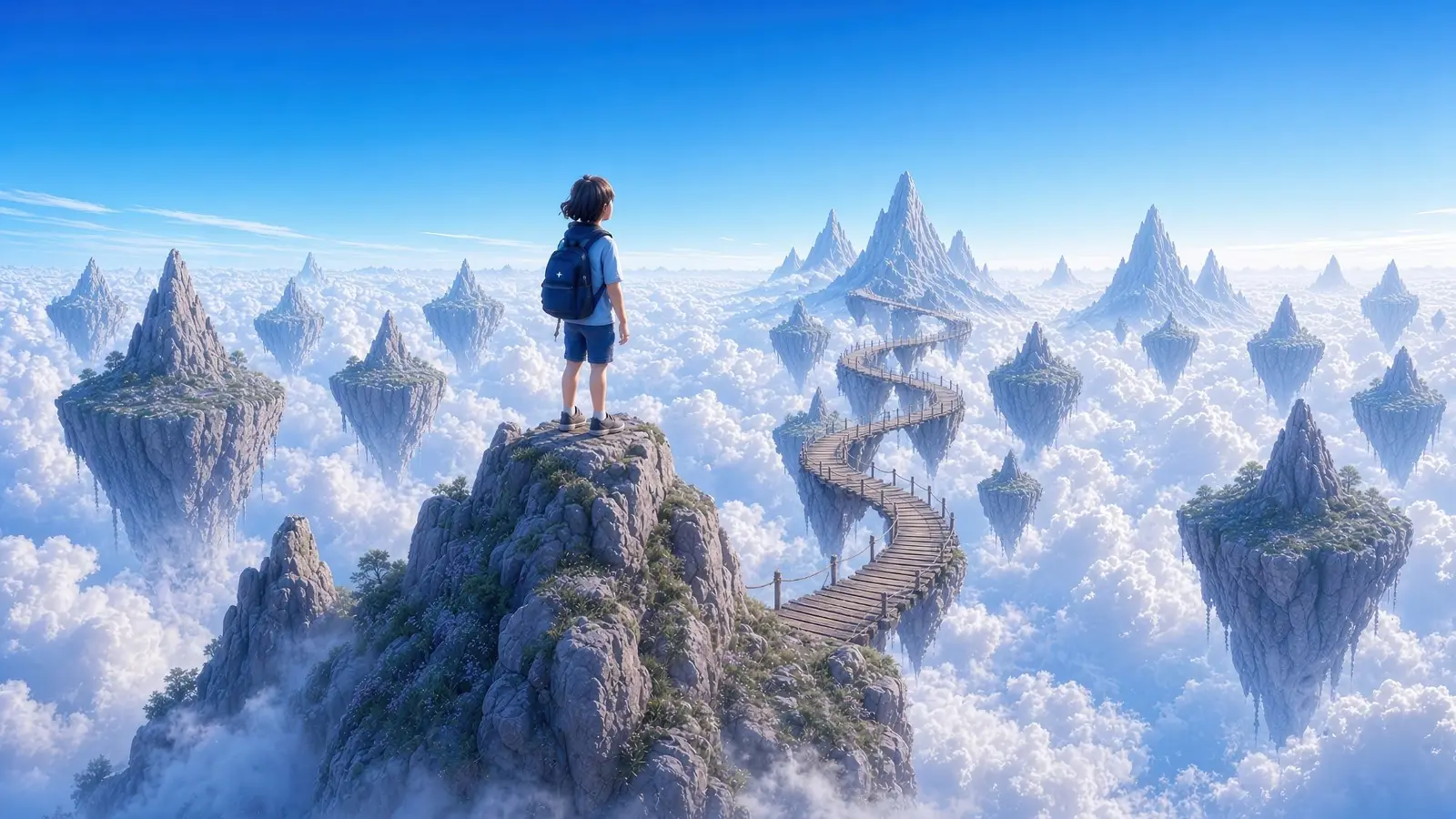 A young learner with a backpack on a mountain peak, looking along a winding bridge toward the next summit.