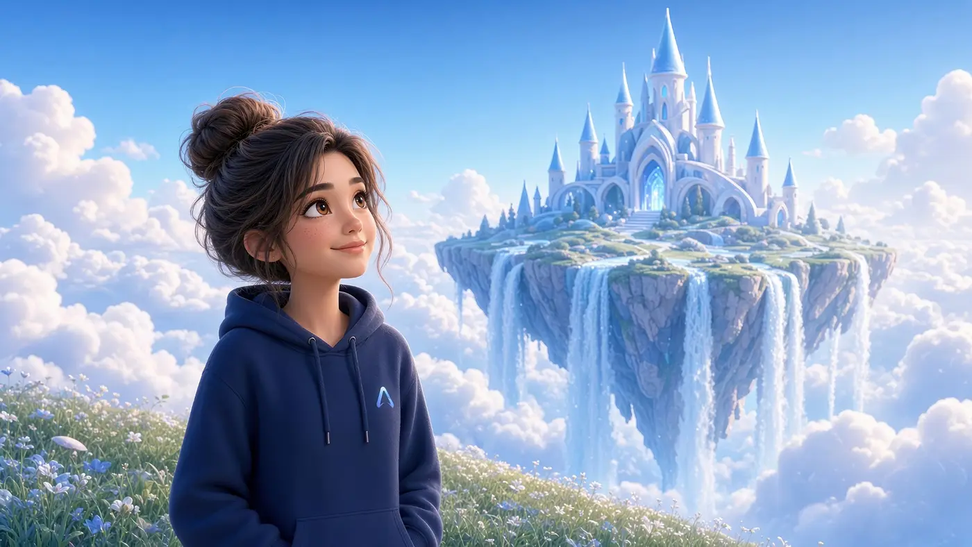 Maya, ALMA’s AI math teacher, looks up with a smile at a floating island with a white castle. She is an illustrated character.